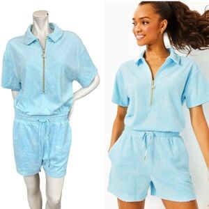 Lilly Pulitzer Katerini Light Blue Terry Starfish Zip Up Coverup Romper Medium